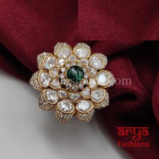 Jadau Flower Kundan Ring with CZ Stones