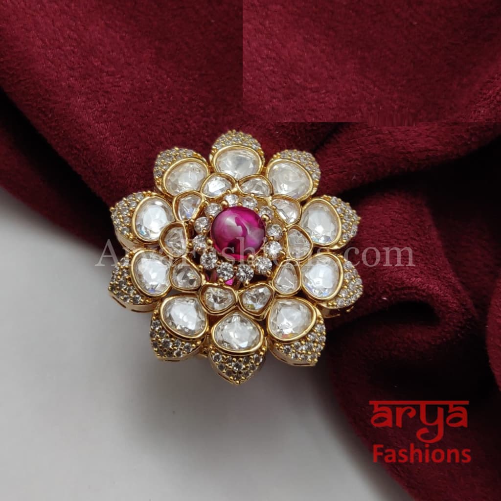 Jadau Flower Kundan Ring with CZ Stones