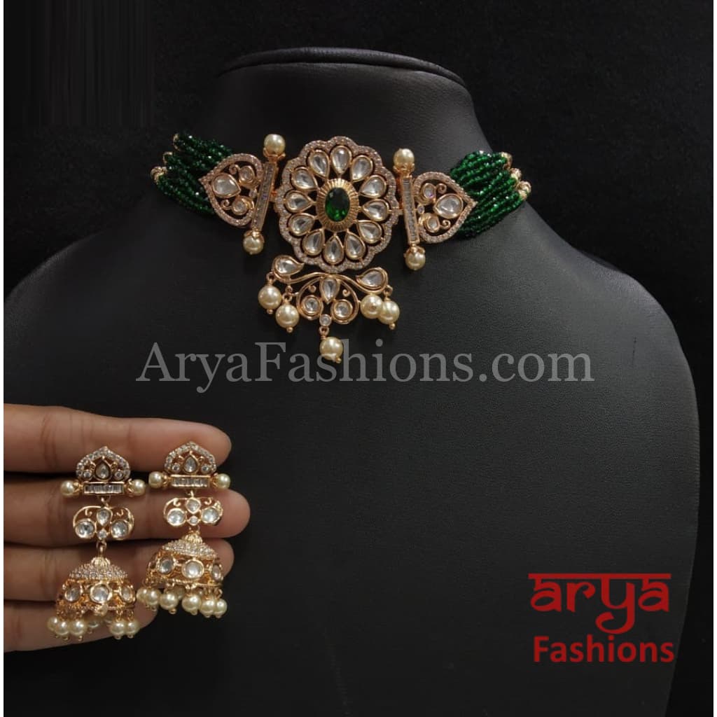 Jadau Rajwadi Pacchi Kundan CZ Choker/ Emerald Choker