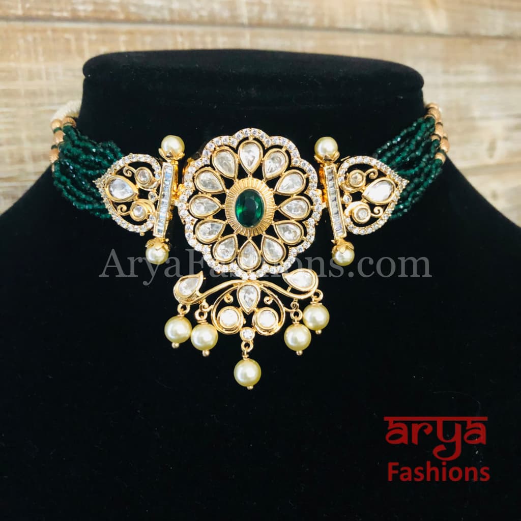 Jadau Rajwadi Pacchi Kundan CZ Choker/ Emerald Choker