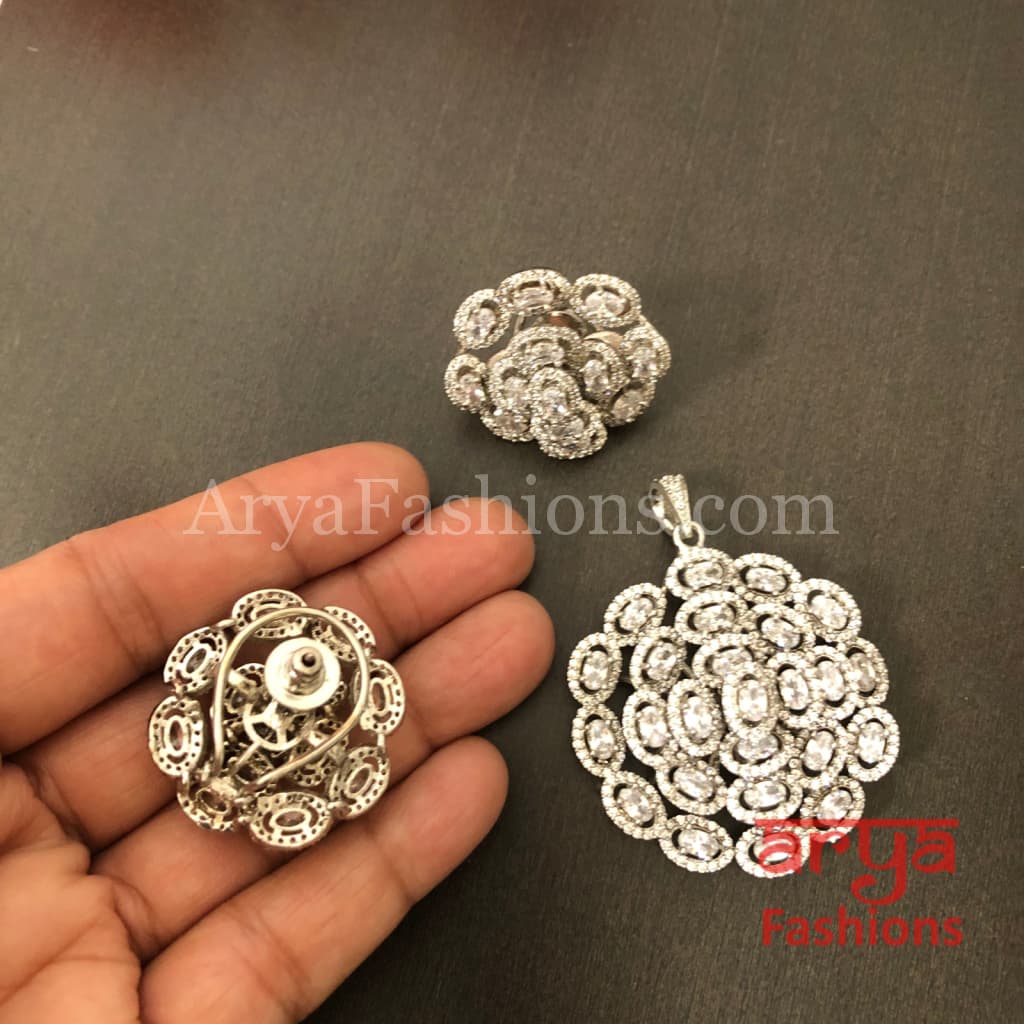 Jenny Silver CZ Flower Pendant with Stud Earrings