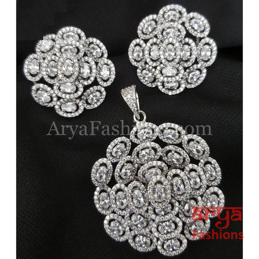 Jenny Silver CZ Flower Pendant with Stud Earrings