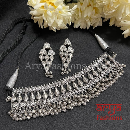 Kalbeliya theme Silver Oxidized Tribal Choker Necklace set