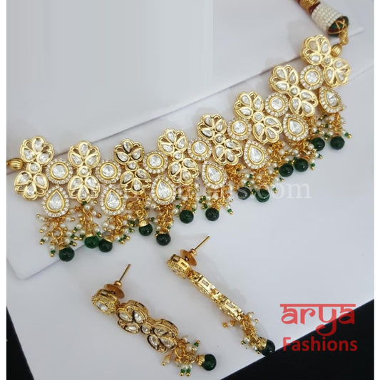 Kashi CZ Kundan Statement Choker Necklace with Green Beads