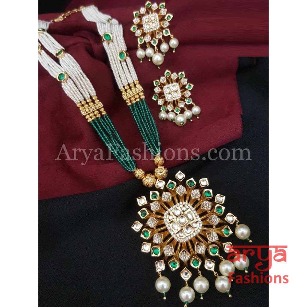 Kashi CZ Kundan Statement Necklace/Green Beads Necklace/Handmade Necklace