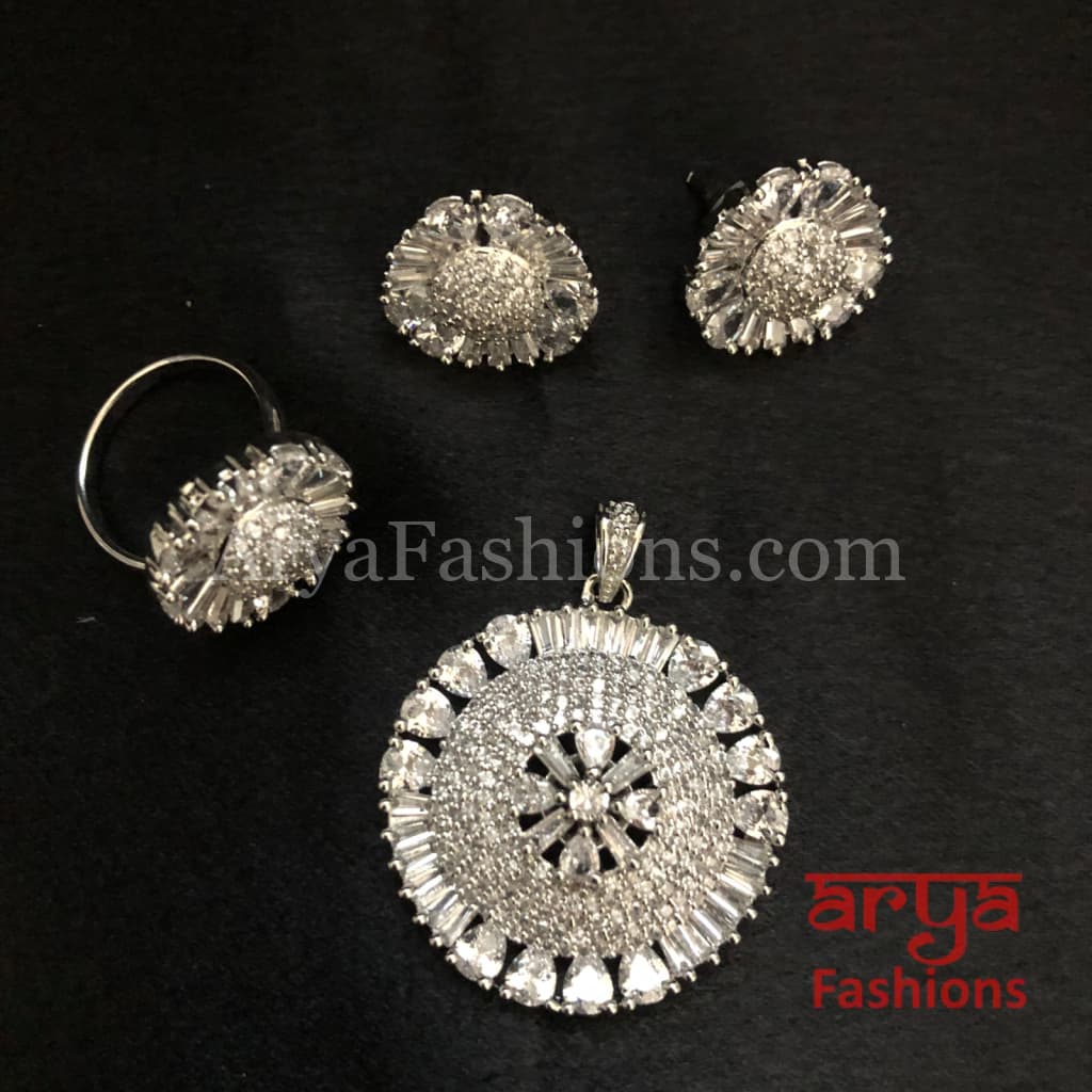 Kia Silver CZ Pendant Set with Ring and Earrings