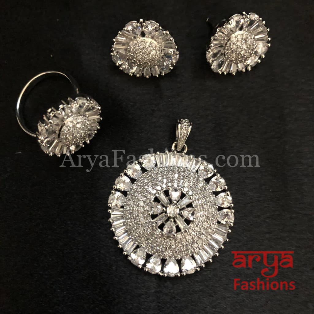 Kia Silver CZ Pendant Set with Ring and Earrings