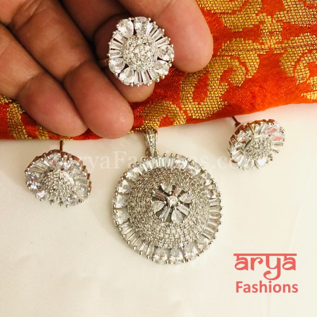 Kia Silver CZ Pendant Set with Ring and Earrings