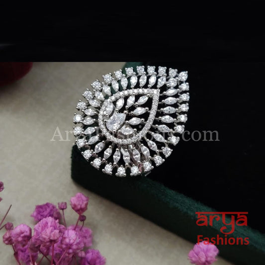 Leaf Theme Cubic Zirconia Cocktail Ring in Silver and Gold