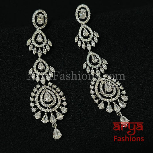 Long CZ Cocktail Chandbali Earrings/ Silver Cubic Zirconia