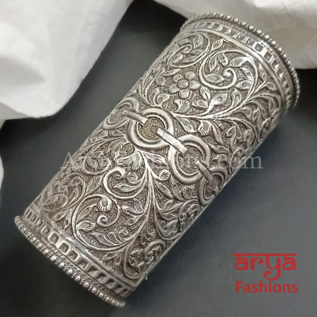 Long Silver Oxidized Statement Cuff Bracelet
