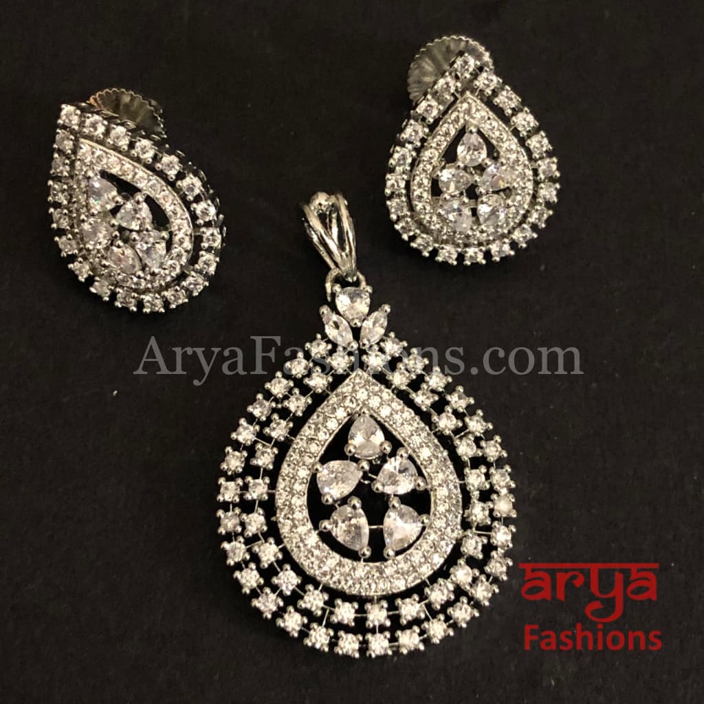 Mahira Cubic Zirconia Leaf design Pendant Set with Stud Earrings