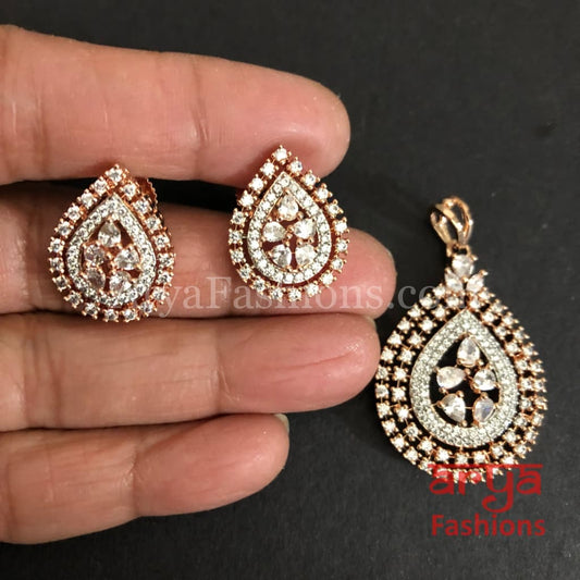 Mahira Cubic Zirconia Leaf design Pendant Set with Stud Earrings