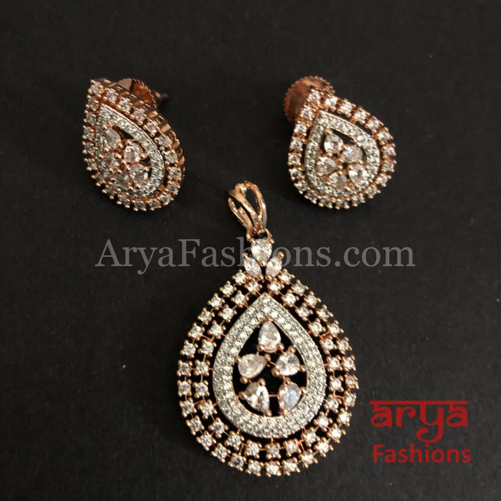 Mahira Cubic Zirconia Leaf design Pendant Set with Stud Earrings