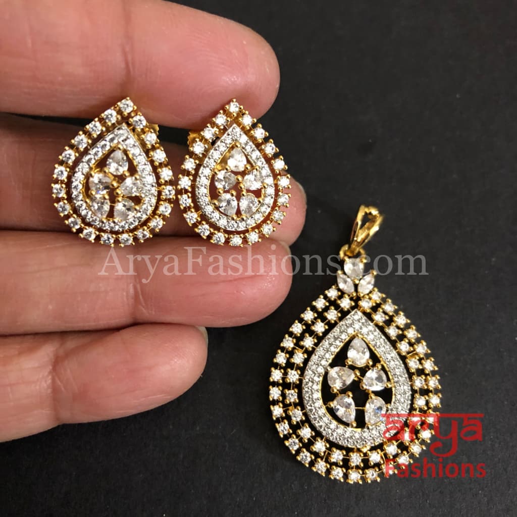Mahira Cubic Zirconia Leaf design Pendant Set with Stud Earrings