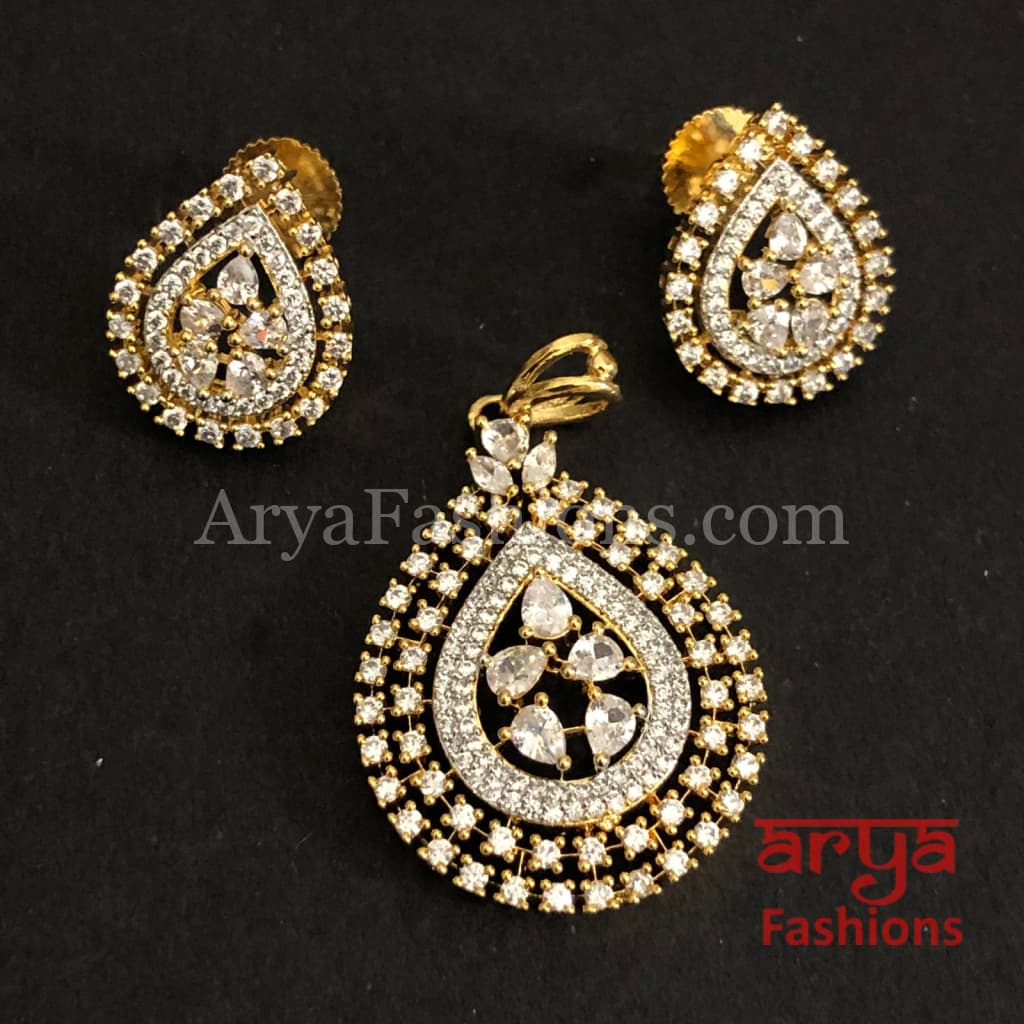 Mahira Cubic Zirconia Leaf design Pendant Set with Stud Earrings