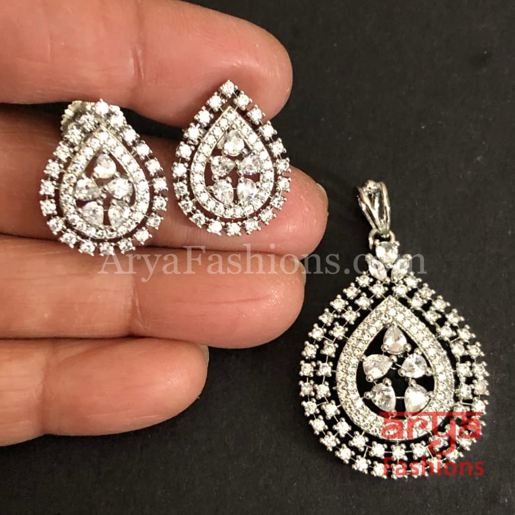 Mahira Cubic Zirconia Leaf design Pendant Set with Stud Earrings
