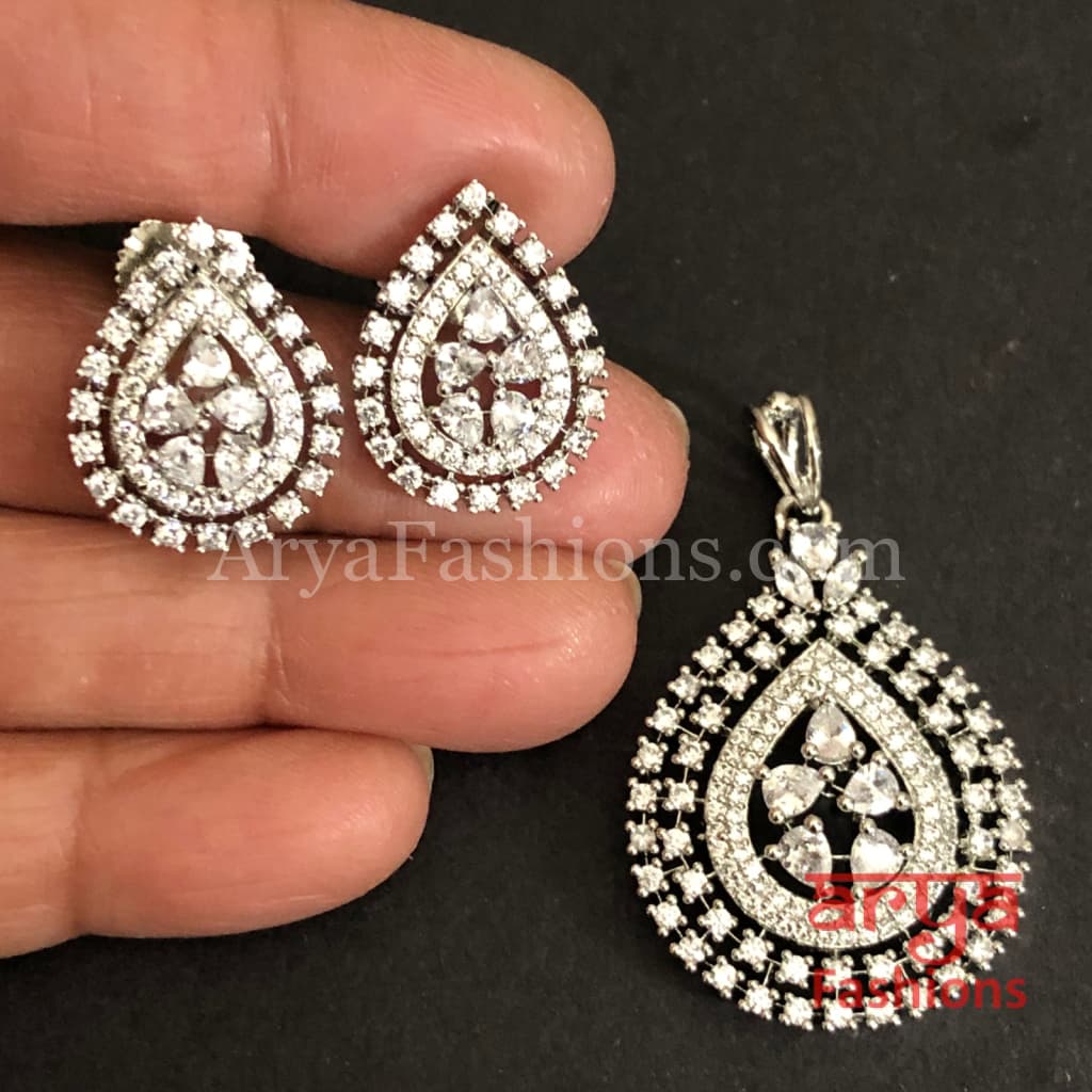 Mahira Cubic Zirconia Leaf design Pendant Set with Stud Earrings