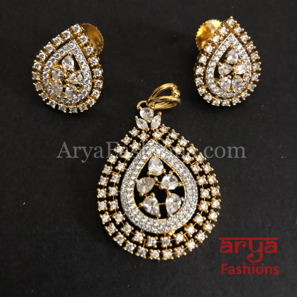 Mahira Cubic Zirconia Leaf design Pendant Set with Stud Earrings
