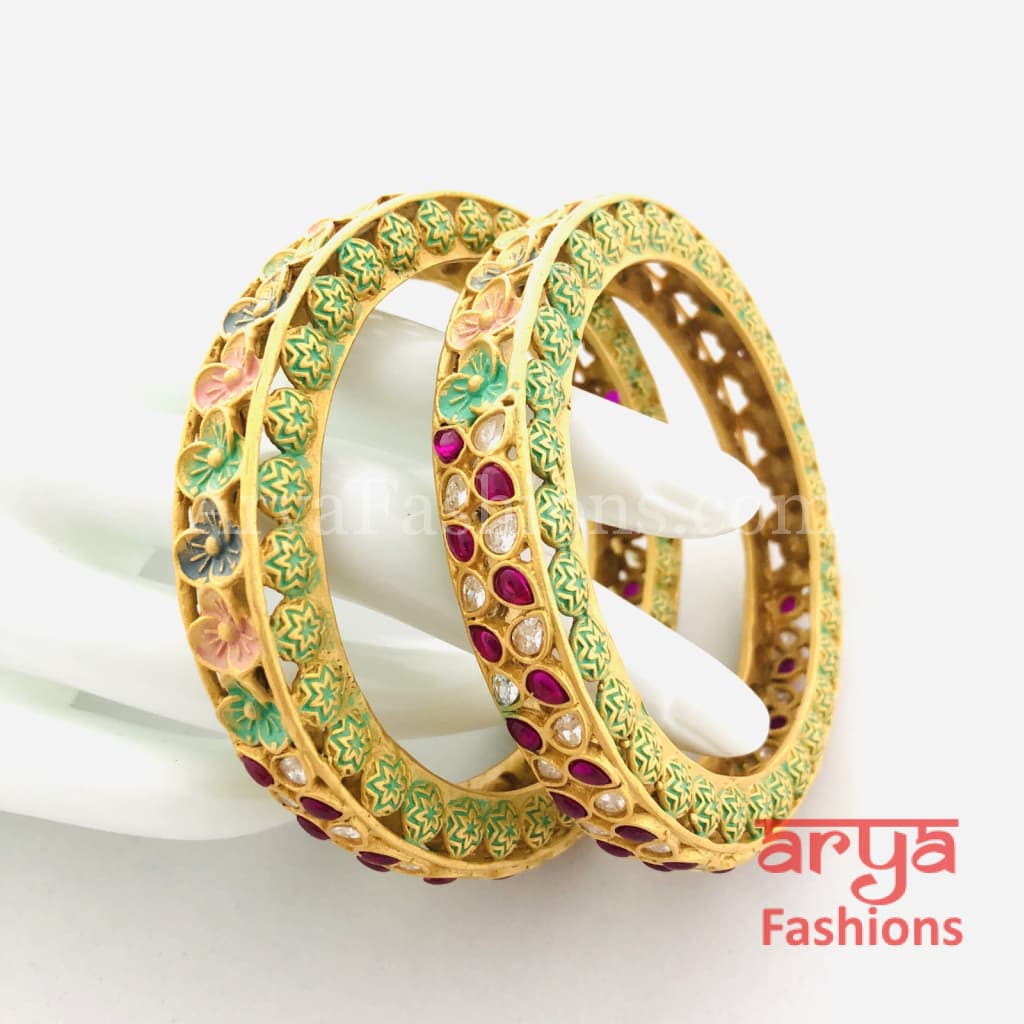 Meenakari Designer Kundan Bangles with CZ Ruby Stones