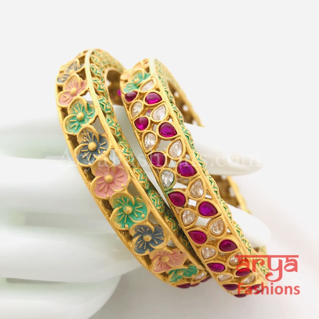 Meenakari Designer Kundan Bangles with CZ Ruby Stones