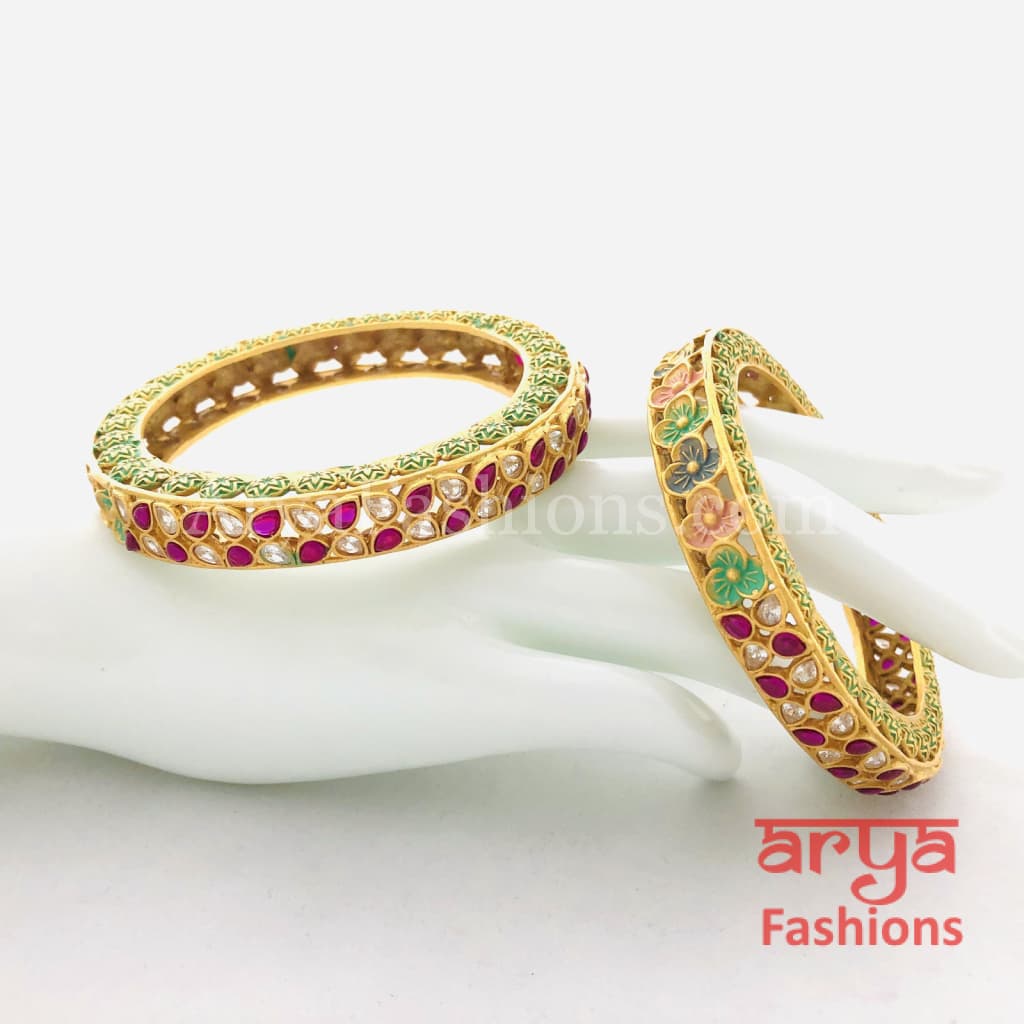 Meenakari Designer Kundan Bangles with CZ Ruby Stones