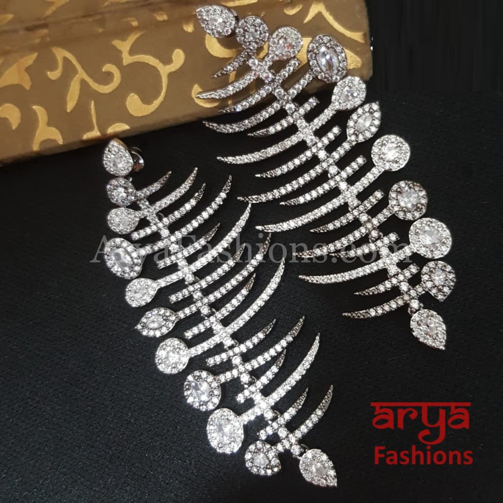 Megan Victorian Black and Silver Cubic Zirconia earrings in Leaf Theme