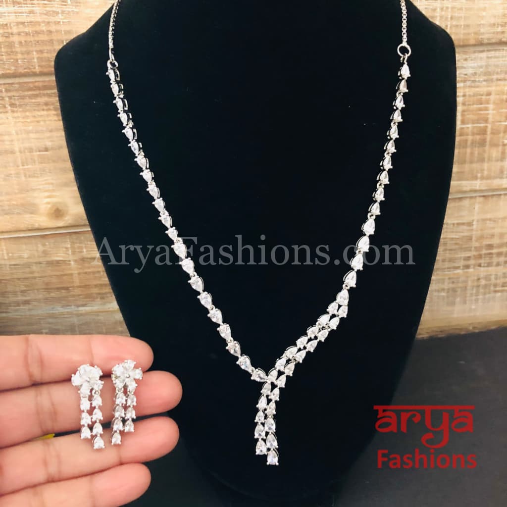 Meghan Silver CZ Trendy Necklace with Earrings