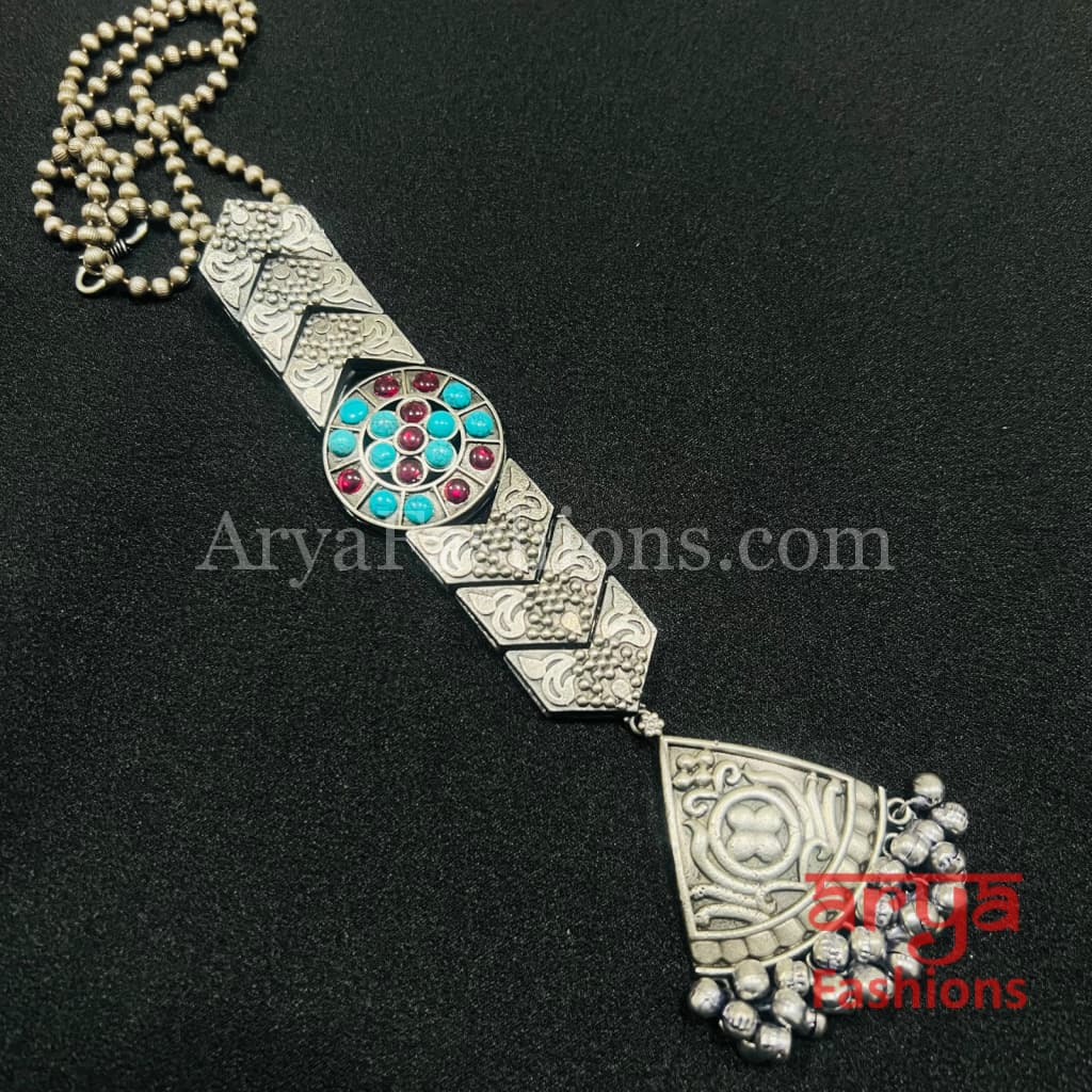 Multicolor Long Tie Oxidized Silver Pendant Necklace
