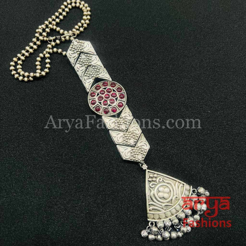 Multicolor Long Tie Oxidized Silver Pendant Necklace