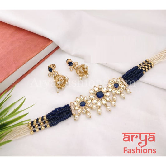 Navy Blue Jaipuri Kundan Choker/Rajwadi Pacchi Choker with Earrings