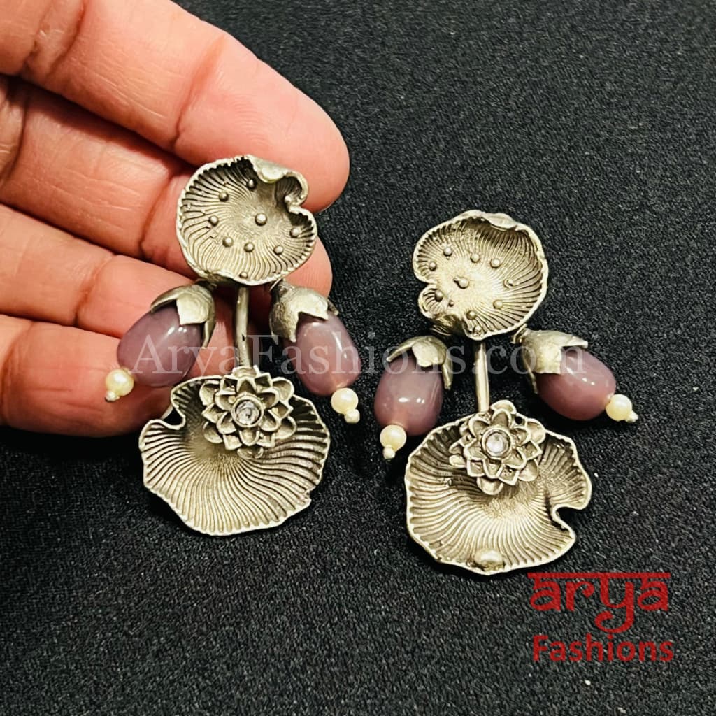 Peach Maroon Oxidized Silver Tribal Studs