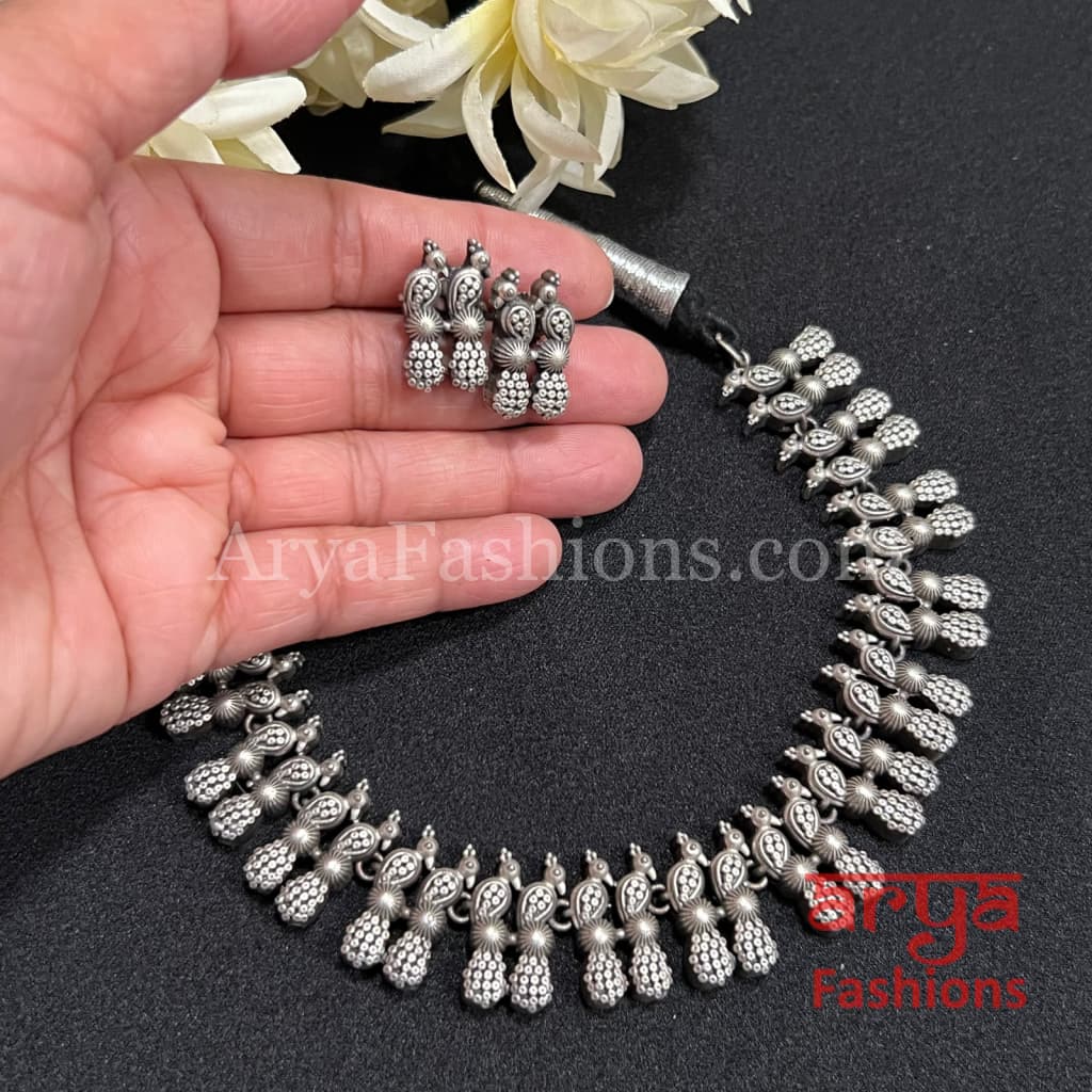 Peacock theme Silver Oxidized Tribal Necklace set