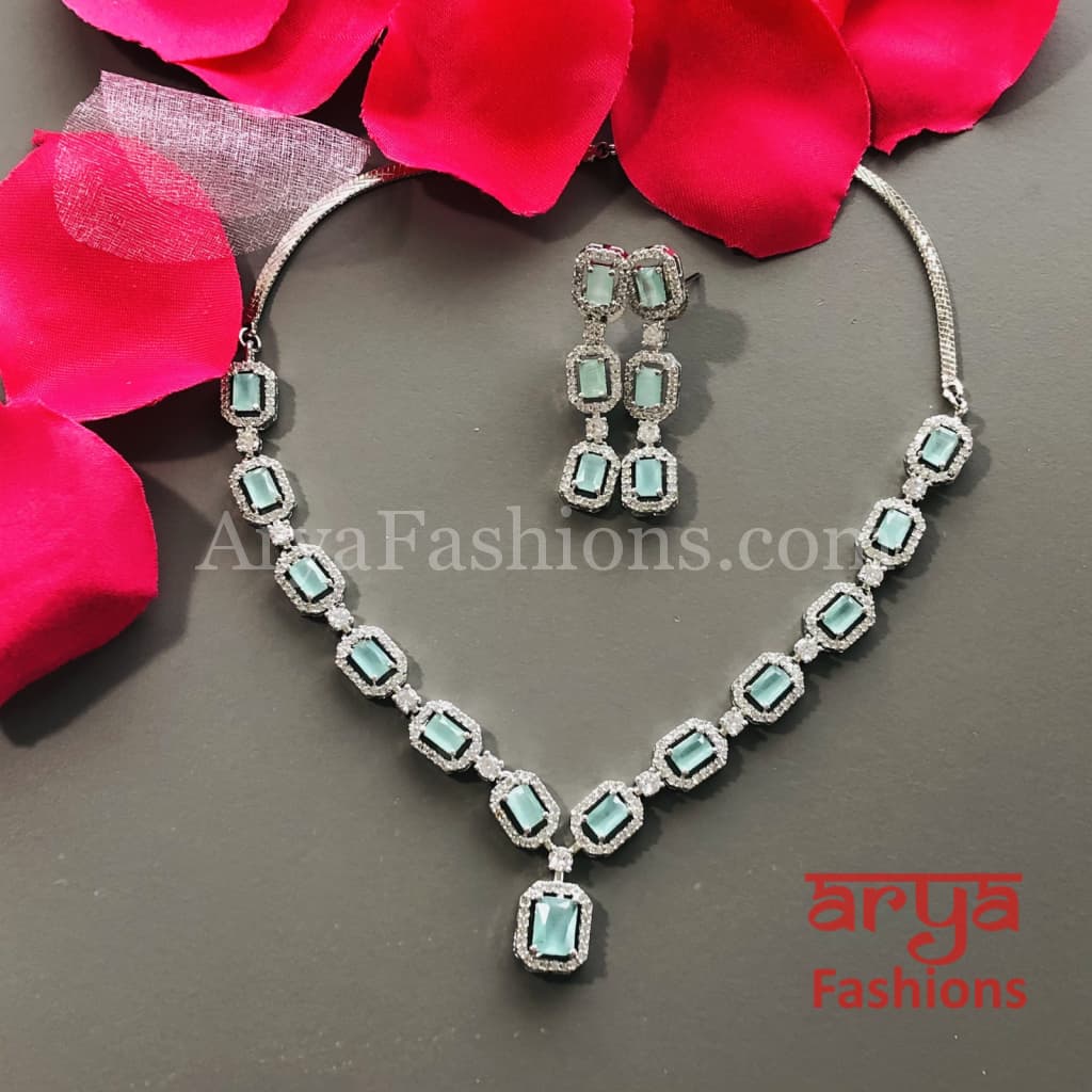 Pink CZ Necklace/ Mint Green Silver Necklace