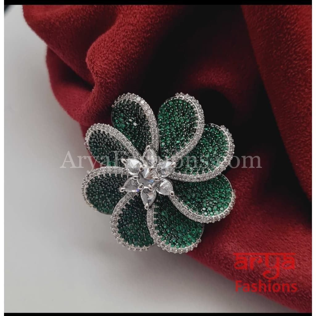 Purple Green Ring/ Flower Cubic Zirconia Moissanite Stone Statement Ring