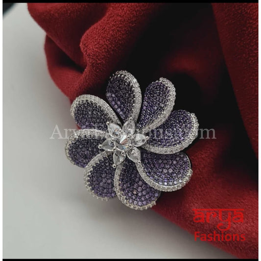 Purple Green Ring/ Flower Cubic Zirconia Moissanite Stone Statement Ring