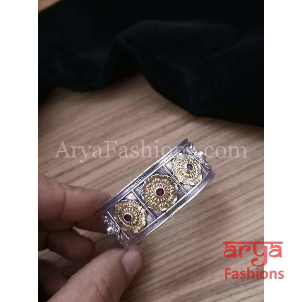 Rajwadi Two Tone Gold Silver Oxidized Statement Handcarved Adjustable Bracelet
