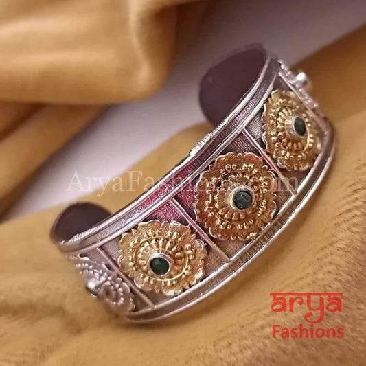 Rajwadi Two Tone Gold Silver Oxidized Statement Handcarved Adjustable Bracelet