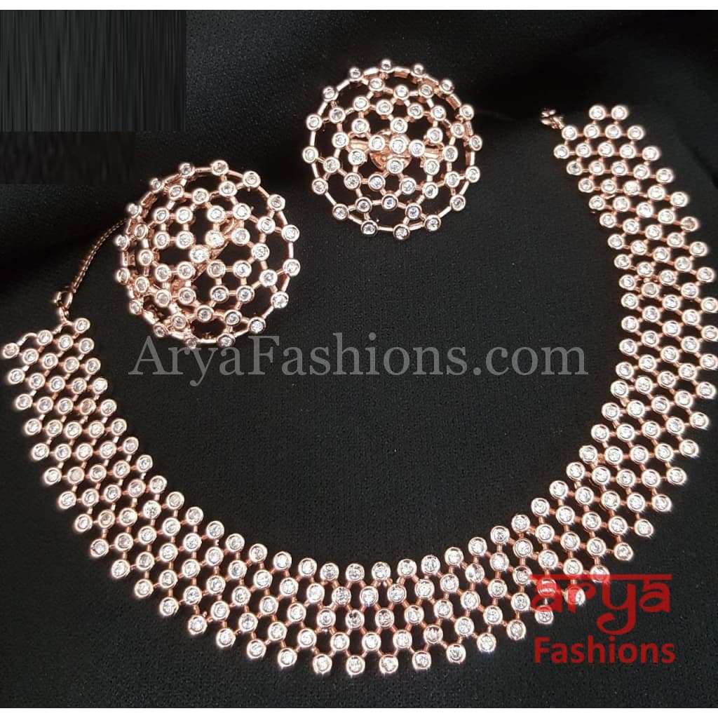 Risha Bridal Rose Gold Silver CZ Necklace