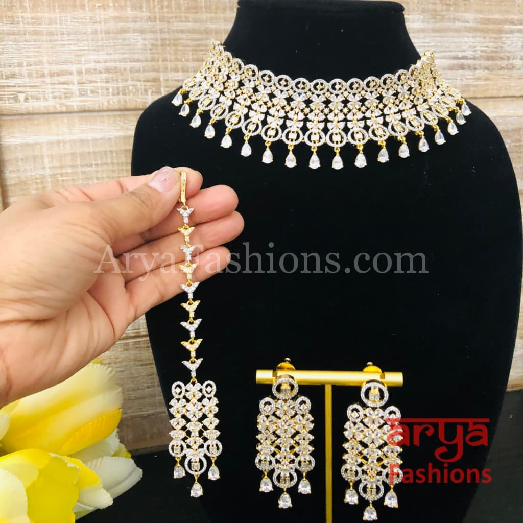 Rose Gold CZ Bridal Choker/ Golden Cubic Zirconia Necklace