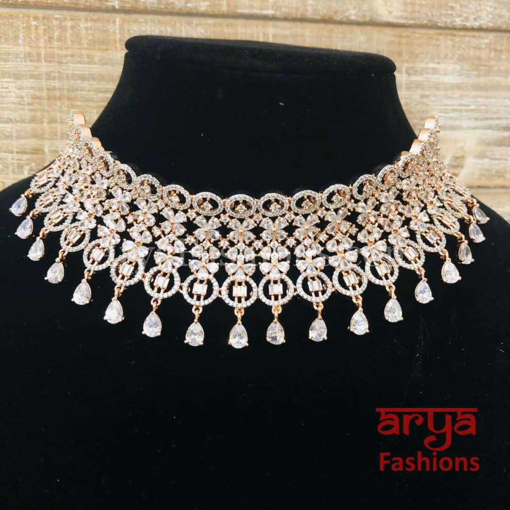 Rose Gold CZ Bridal Choker/ Golden Cubic Zirconia Necklace