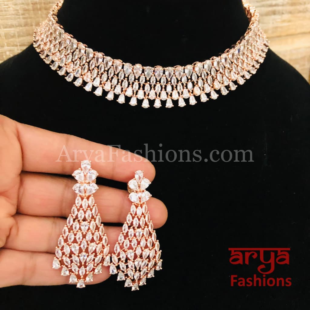Rose Gold CZ Choker Necklace with Long Earrings / Silver Rhodium