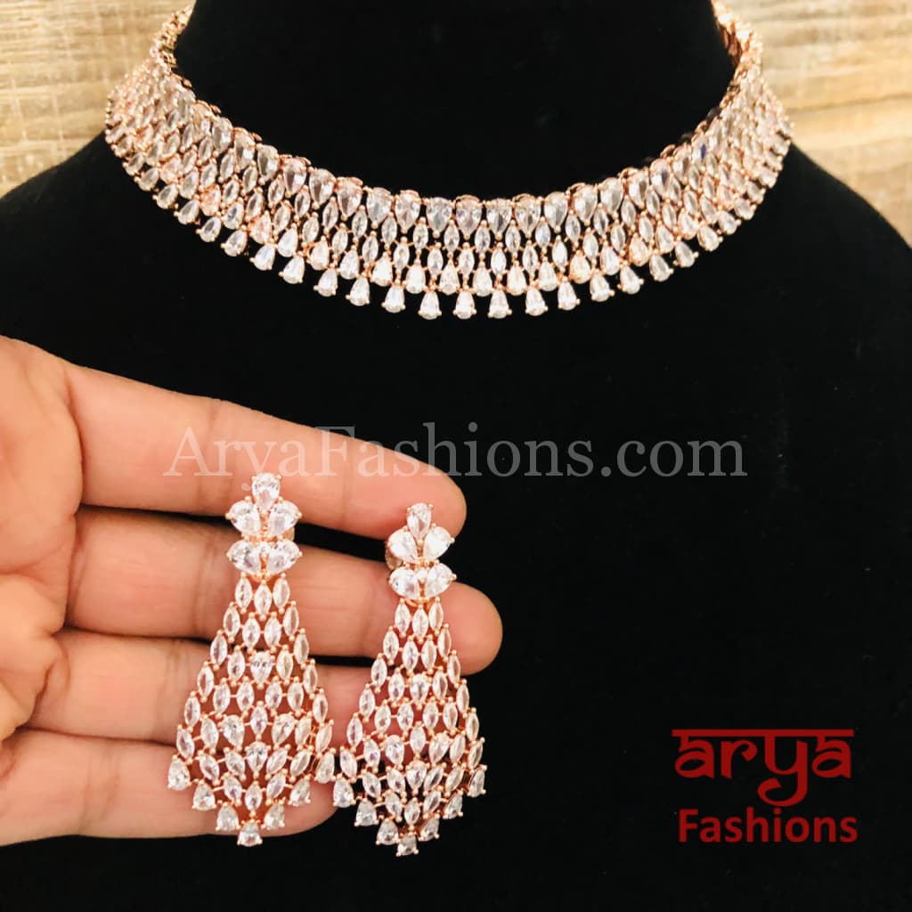 Rose Gold CZ Choker Necklace with Long Earrings / Silver Rhodium