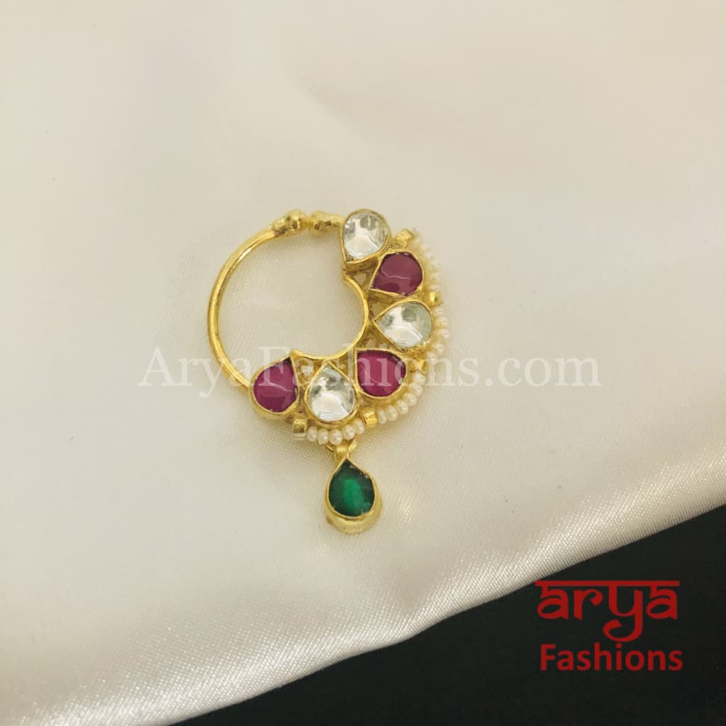 Round Nose Ring/ Kundan CZ non piercing nose ring/Kundan Bridal Nosepin