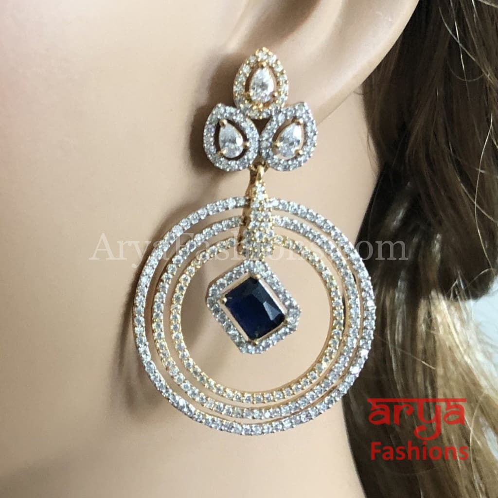 Royal Blue Stone CZ Cocktail Two Tone Earrings Rose Gold Silver Party Danglers