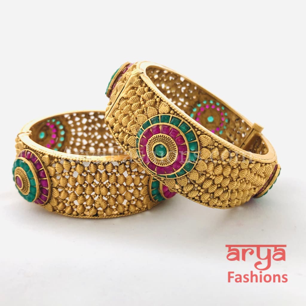Ruby Emerald Indian Kada / Punjabi Kundan Bracelet Bangles/ Set of 2 Bangles