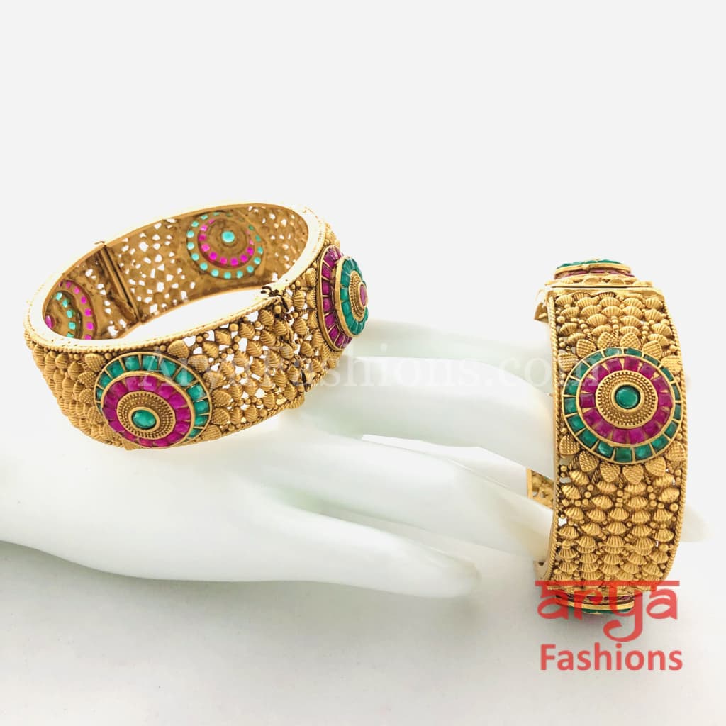 Ruby Emerald Indian Kada / Punjabi Kundan Bracelet Bangles/ Set of 2 Bangles