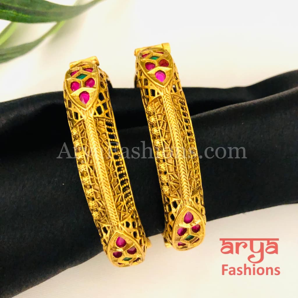 Ruby Kundan Kada with Emerald stones Pair of 2 Bangles