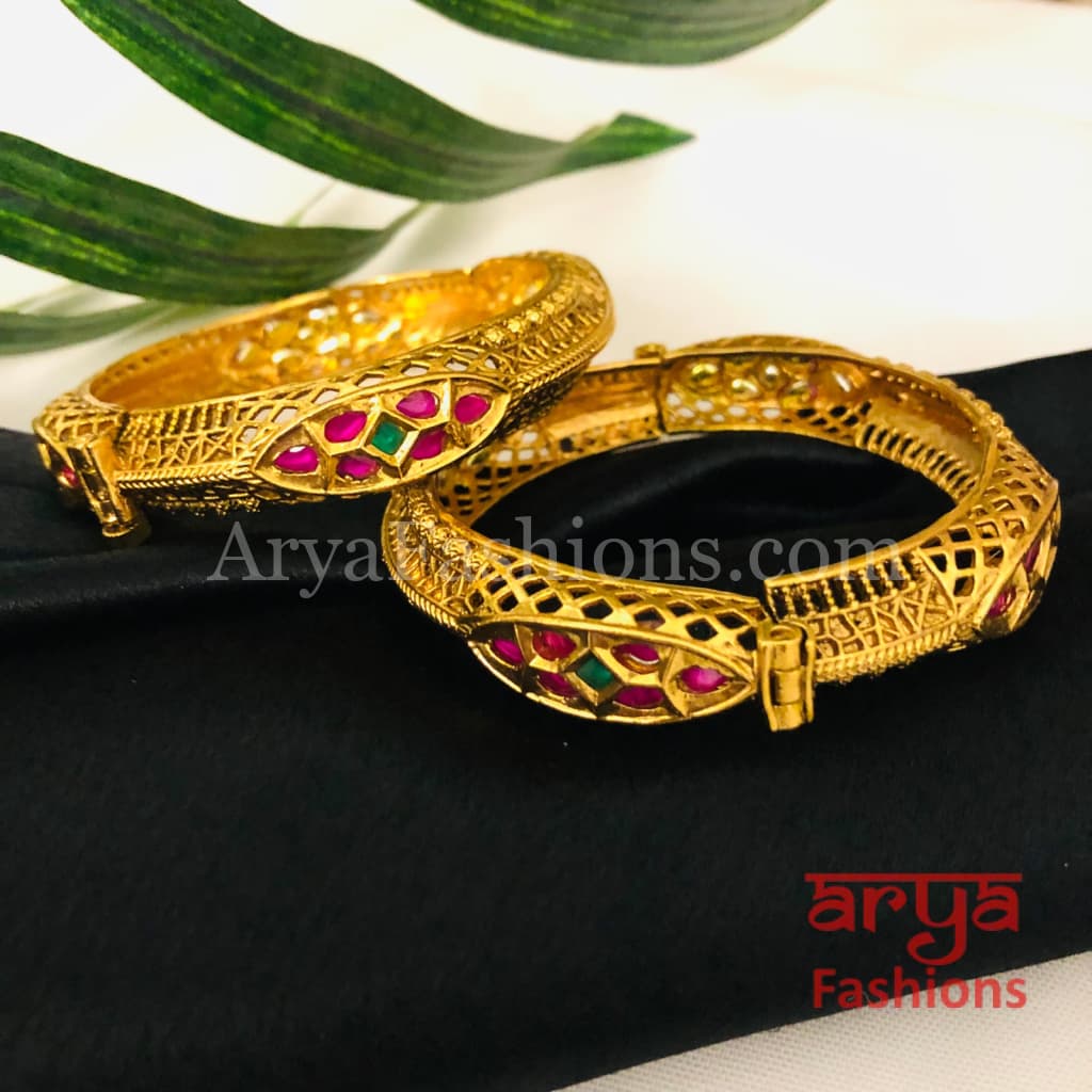 Ruby Kundan Kada with Emerald stones Pair of 2 Bangles