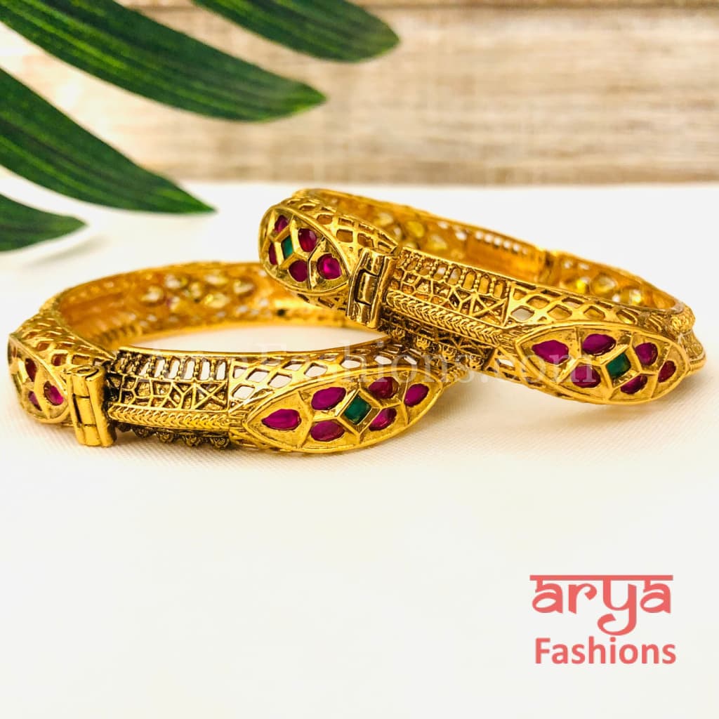 Ruby Kundan Kada with Emerald stones Pair of 2 Bangles